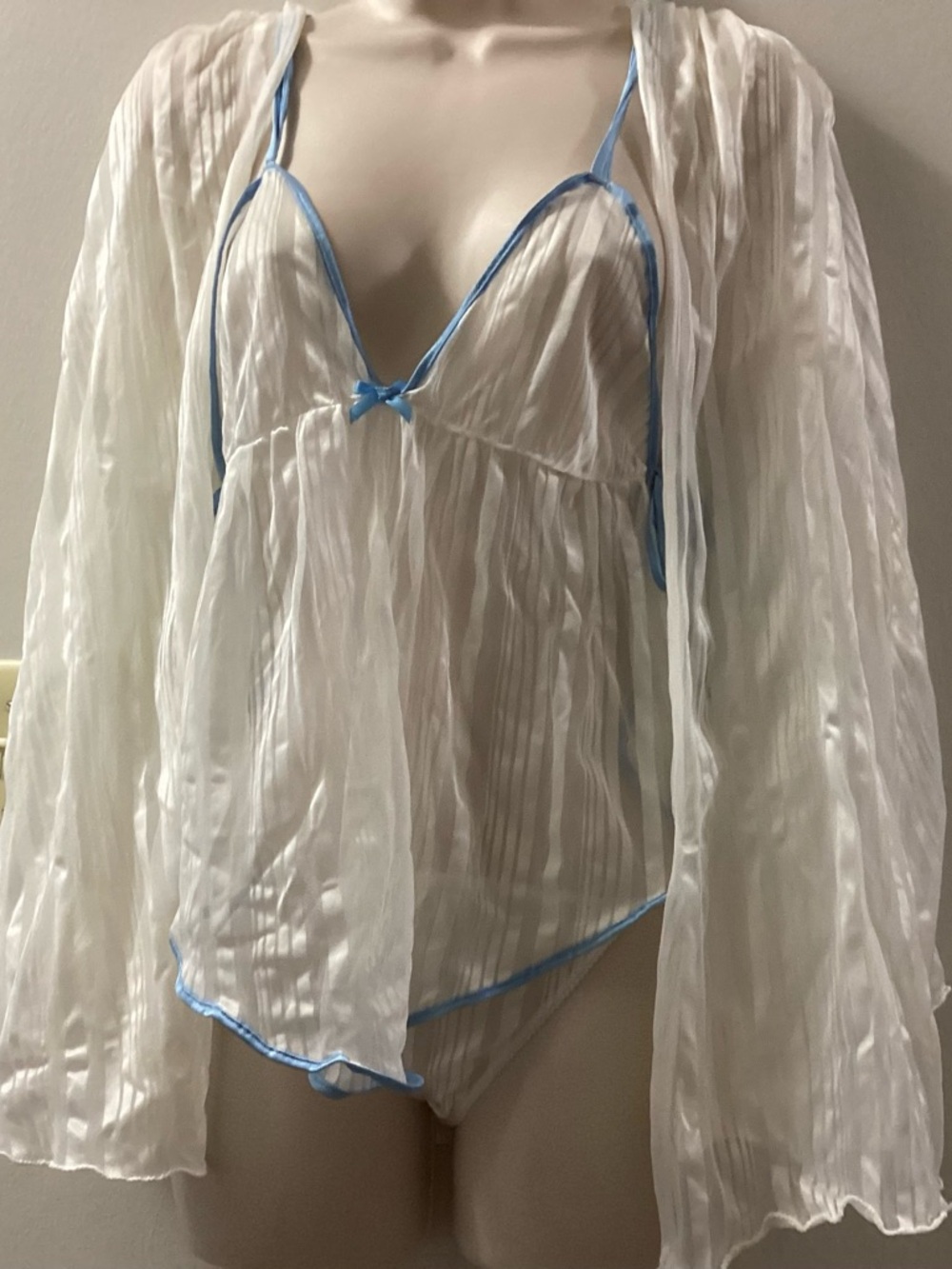 Frederick's of Hollywood Sheer White Chemise with Light Blue Trim & Robe